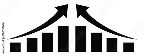 Symmetrical black bar chart with upward trending arrows symbolizing growth and success
