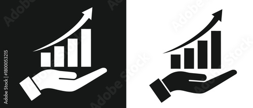 White and black graphic illustration of a hand holding a rising bar chart with an upward trending arrow symbolizing growth and success
