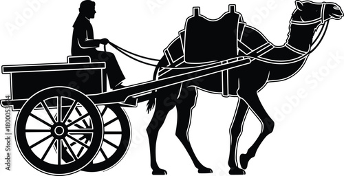 Camel cart transport in desert region, traditional travel scene, rural lifestyle silhouette, cultural heritage, black and white flat vector illustration