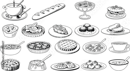Hand drawn dessert food icons, international cuisine sketch, sweet dishes, bakery items, black and white flat vector illustrationHand drawn dessert food icons, international 