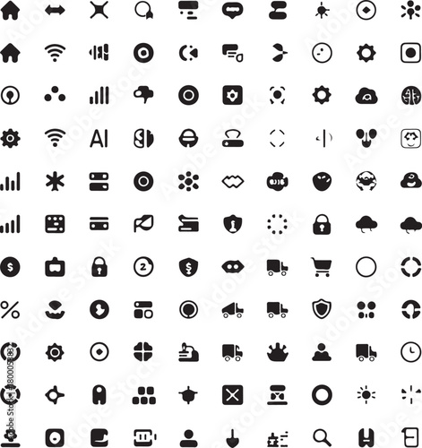 A comprehensive collection of diverse black glyph icons for web design, mobile applications, user interfaces, and business presentations. this versatile set includes symbols for technology, finance, c
