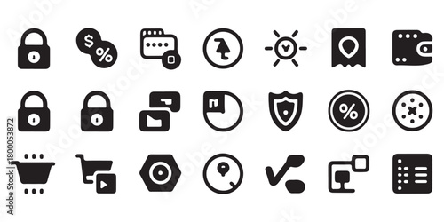 A comprehensive collection of diverse black glyph icons for web design, mobile applications, user interfaces, and business presentations. this versatile set includes symbols for technology, finance, c