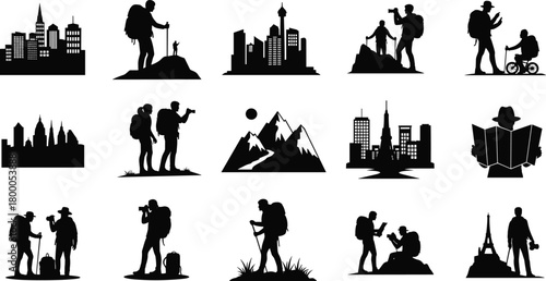 travel, hiking, adventure, silhouette, cityscape, skyline, exploration, trekking, tourism, urban, journey, outdoors, wanderlust, landmark, photography