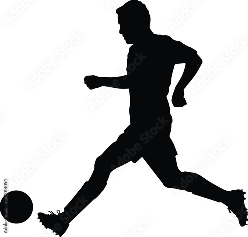 Black vector silhouette of a soccer player running and kicking a football in competitive sports action