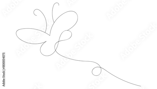 A minimalist, continuous line art illustration depicts a graceful butterfly with delicate wings in motion against a white background.
