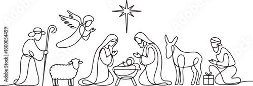 Continuous one line drawing. Bible Merry christmas scene of holy family. Vector illustration