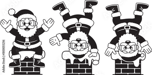 Funny Santa Claus going down the chimney silhouette set. Collection of cartoon Santa character stuck on the roof. Christmas holiday vector illustration for festive design