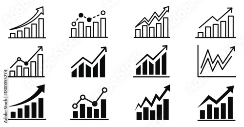 Collection of hand drawn bar and line graph icons illustrating growth and financial trends over time