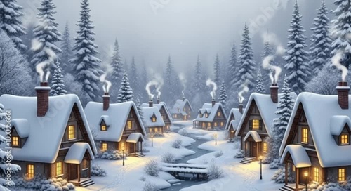 Cozy winter village with snow-covered cottages and pine trees  