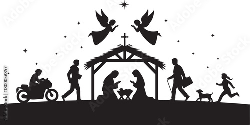 Holy Christmas scene. Collection of silhouettes modern people Christian characters holy night. Family holidays. Vector illustration. Baby Jesus birthday. Motorcycle man. Businessman. 