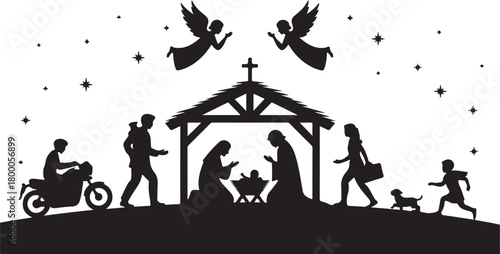 Holy Christmas scene. Collection of silhouettes modern people Christian characters holy night. Family holidays. Vector illustration. Baby Jesus birthday. Motorcycle man. Businessman. 