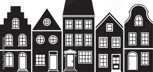 Laser cut Amsterdam style houses. Silhouette of row typical dutch canal houses at Netherlands. Stylized facade of old buildings. Wood carving, paper cut vector template. Background for banner