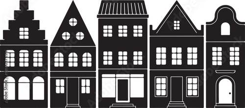 Laser cut Amsterdam style houses. Silhouette of row typical dutch canal houses at Netherlands. Stylized facade of old buildings. Wood carving, paper cut vector template. Background for banner