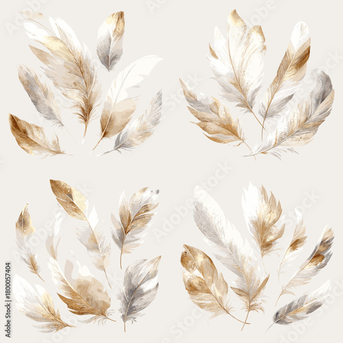 Neutral watercolor feather bundle soft beige and gold plumes with airy strokes, arranged in four clusters. Perfect for elegant stationery, logos, packaging, patterns, and decor.
