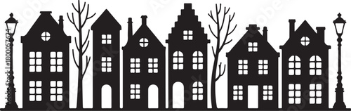 Laser cut Amsterdam style houses. Silhouette of row typical dutch canal houses at Netherlands. Stylized facade of old buildings. Wood carving, paper cut vector template. Background for banner