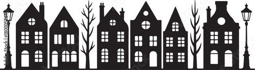 Laser cut Amsterdam style houses. Silhouette of row typical dutch canal houses at Netherlands. Stylized facade of old buildings. Wood carving, paper cut vector template. Background for banner