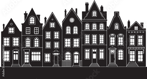 Laser cut Amsterdam style houses. Silhouette of row typical dutch canal houses at Netherlands. Stylized facade of old buildings. Wood carving, paper cut vector template. Background for banner