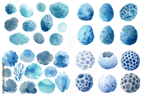 Watercolor marine stones and coral forms in cool blues porous spheres and organic shapes, isolated on white. Great for patterns, posters, backgrounds, crafts, and modern branding.