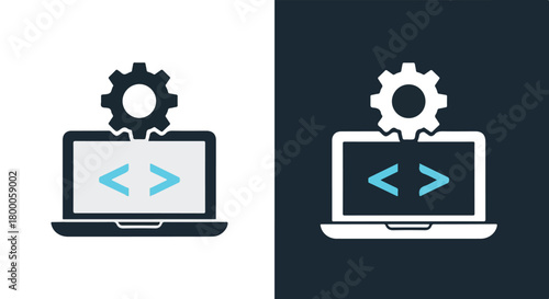 Software development and settings on laptop - Blue icon vector - Vector icon symbol for website - Icon vector