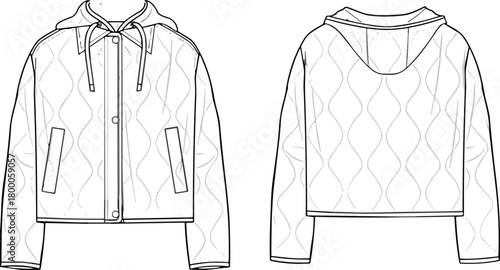 Fashion technical drawing of quilted jacket with hood, front and back view, apparel design sketch, clothing pattern illustration, outerwear template