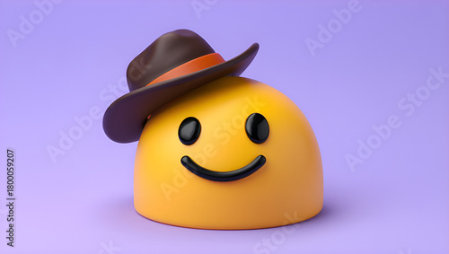 A whimsical yellow emoji character wearing a brown cowboy hat, depicted in a 3D render with a playful smile against a vibrant purple backdrop, Generative AI