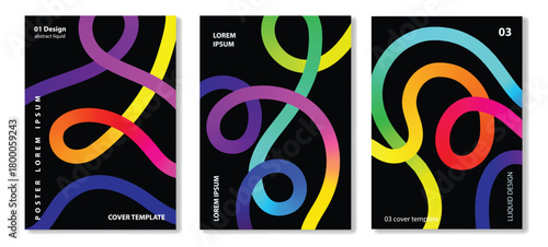 Lines with Color Gradient on a Black Background. Abstract Neon Pattern of 3D Wavy Shapes. Vector Graphic of Rainbow Ribbons for covers, posters and banners set