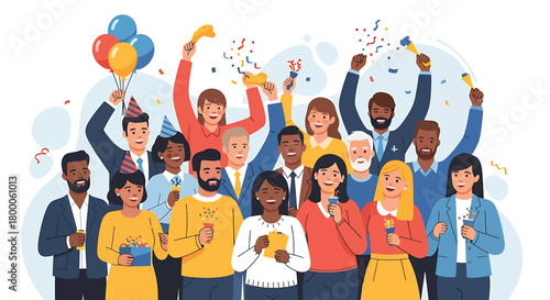 A joyful flat design illustration featuring a diverse group of people from various backgrounds, laughing and celebrating together. 