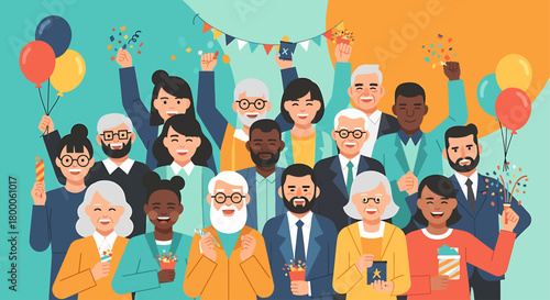 A joyful flat design illustration featuring a diverse group of people from various backgrounds, laughing and celebrating together. 