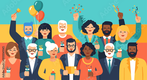 A joyful flat design illustration featuring a diverse group of people from various backgrounds, laughing and celebrating together. 