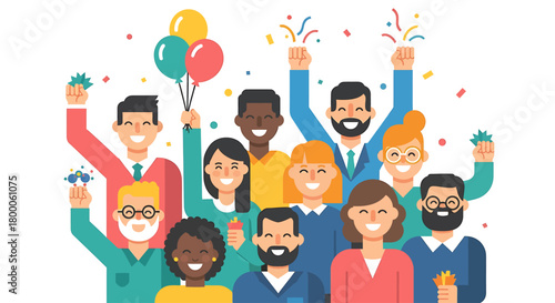 A joyful flat design illustration featuring a diverse group of people from various backgrounds, laughing and celebrating together. 