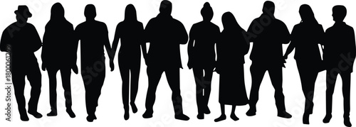 Silhouette group of diverse people standing together, modern crowd illustration representing community, unity, teamwork, society, human figures for design projects