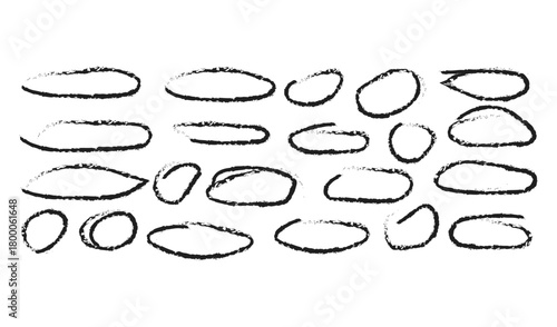 Hand-Drawn Oval Texture Set icon. Irregular Black Brushstroke Shapes in Grid Layout. Oval marker frames. Rough hand drawn oval shapes in black ink with grunge texture sketchy style. doodle vector 