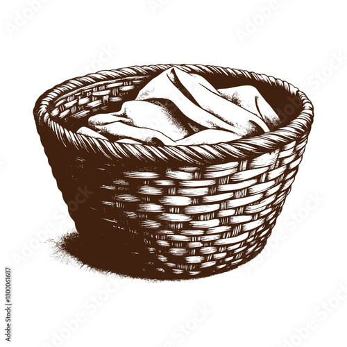 Hand drawn wicker basket with cloth isolated on illustration