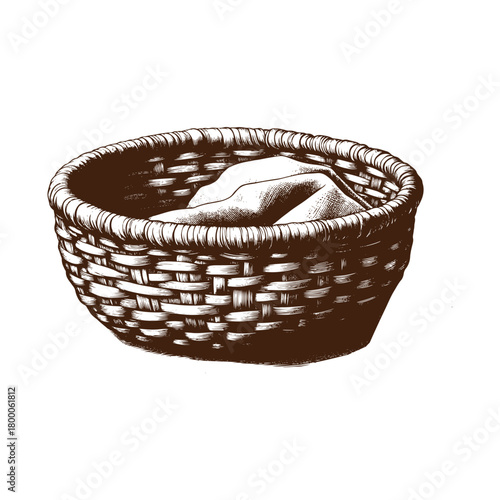 Hand drawn wicker basket with cloth isolated on illustration