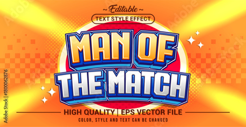 Editable text effect vector “Man of The Match”, designed with bold sporty styling to highlight achievement, spotlight players, and enhance energetic competitive-themed visuals.
