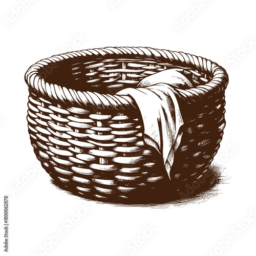 Hand drawn sketch of a basket with cloth isolated on