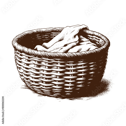 Hand drawn brown wicker basket with cloth isolated on