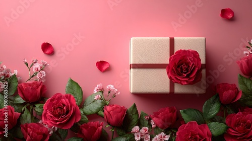 Gift box with red roses on pink background