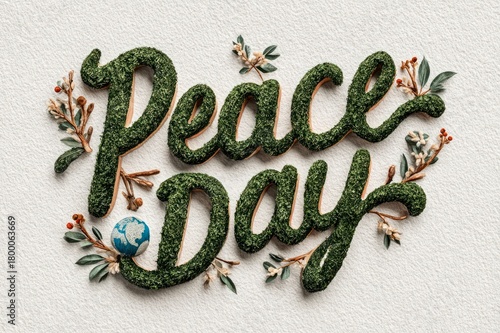 Peace Day lettering with planet Earth and tree branchesmage