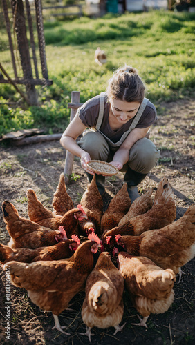 Woman feeding chickens on outdoor farm during golden hour