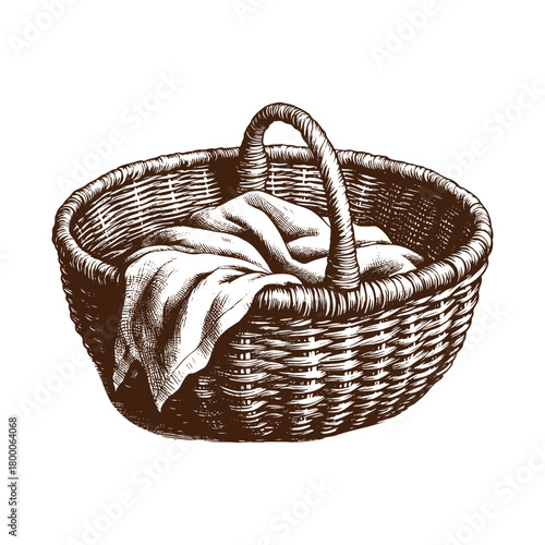 Hand drawn wicker basket with cloth isolated on illustration
