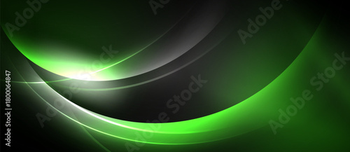 Abstract green design. Smooth curves radiate from bright center. Dark background creates dramatic visual effect. Modern, sleek aesthetic.