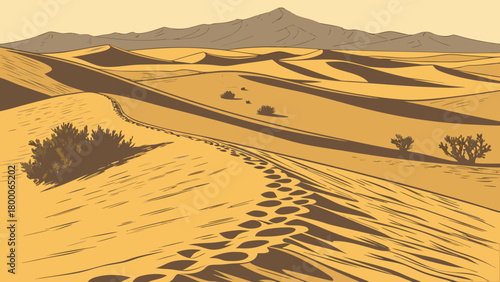 Detailed desert landscape with textured dunes, long shadows, realistic warm highlight transitions