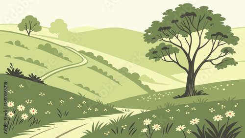 Fresh spring valley with green rolling hills, scattered flowers, crisp daylight highlights