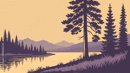 Realistic mountain lake at golden hour, crisp reflections, detailed tree line, soft gradient sky, clean vector realism