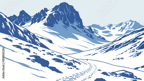 Snow-covered alpine landscape with soft shadows, detailed rock edges, cold blue morning light