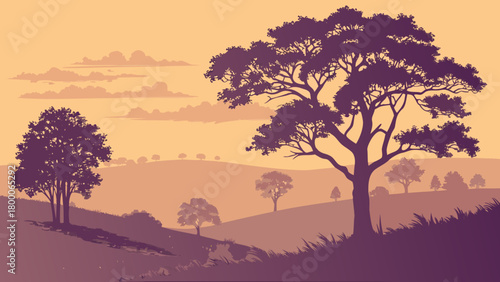 Rural sunset landscape with silhouette trees, warm sky gradient, realistic horizon haze