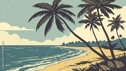 Tropical beach with palm shadows on sand, realistic water gradient, clear sky with minimal clouds