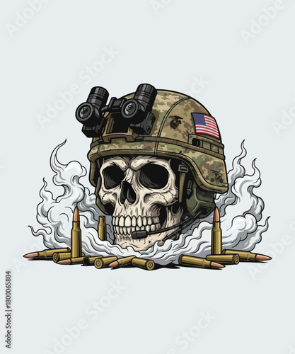 Skull wearing military helmet surrounded by ammunition in smokey background