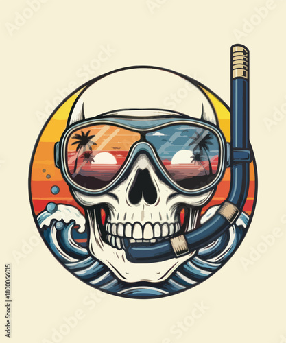 Skull with diving mask showing tropical sunset beach reflections